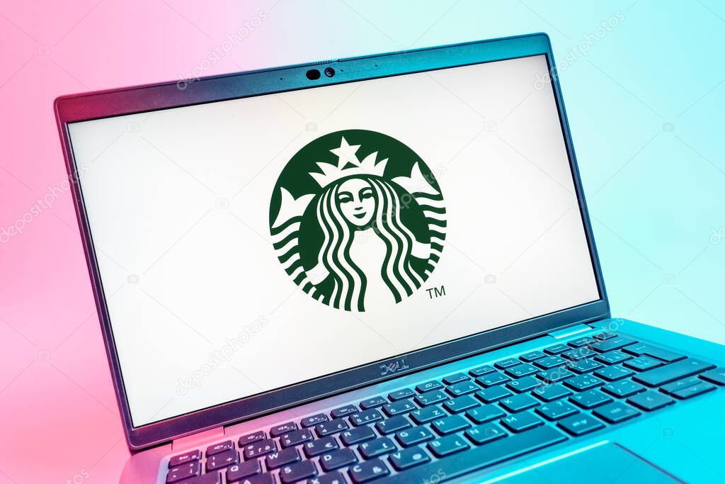 Prague, Czechia - 08 01 2025: A close-up view of a laptop screen displaying the Starbucks logo. Starbucks is a global coffeehouse chain serving beverages and food.