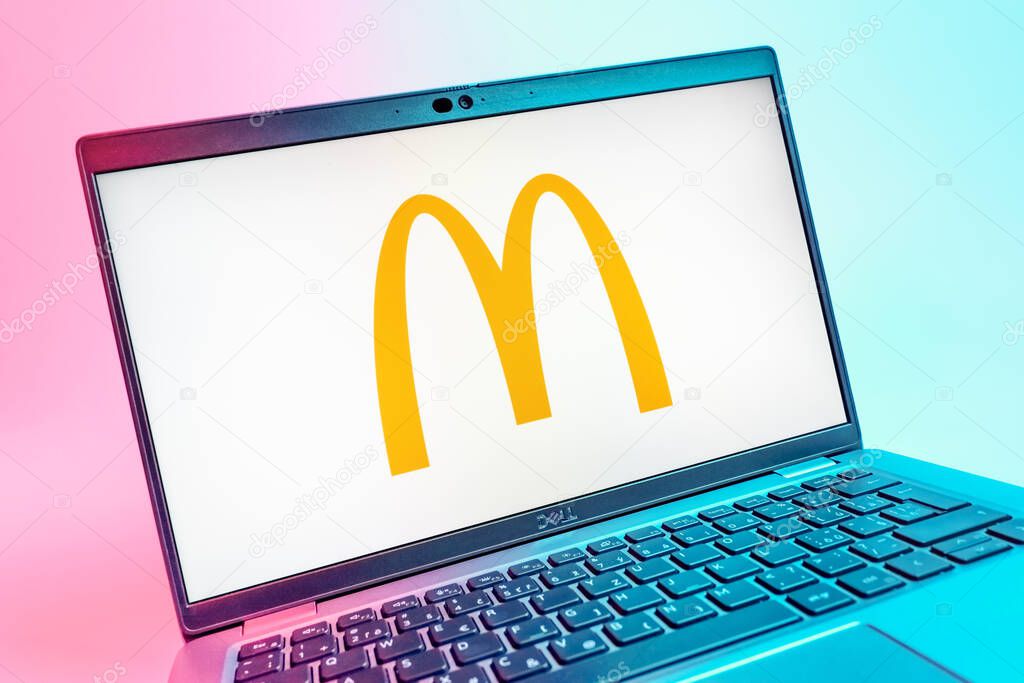 Prague, Czechia - 08 01 2025: A close-up view of a laptop screen displaying the McDonalds logo. McDonalds is a fast-food chain serving burgers, fries, and more.