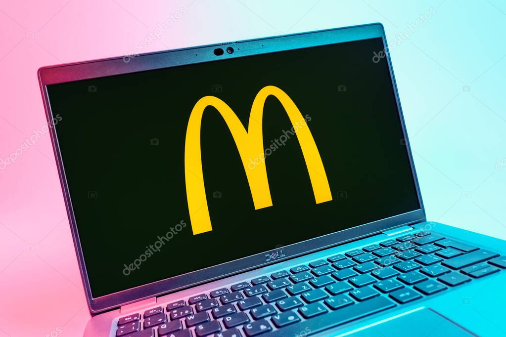 Prague, Czechia - 08 01 2025: A close-up view of a laptop screen displaying the McDonalds logo. McDonalds is a fast-food chain serving burgers, fries, and more.