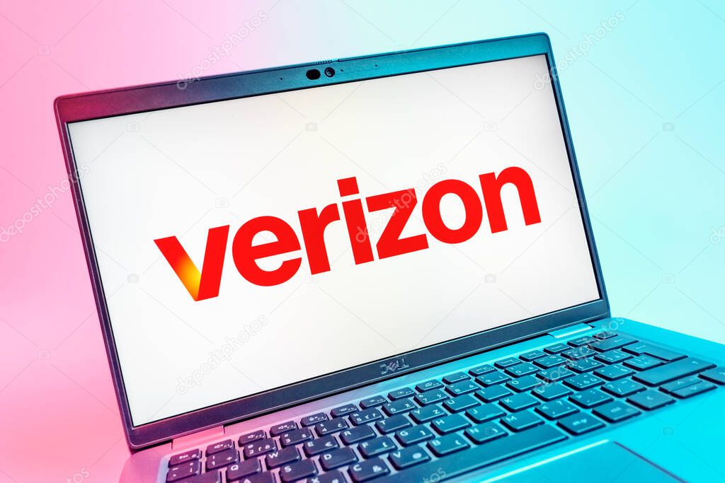 Prague, Czechia - 08 01 2025: A close-up view of a laptop screen displaying the Verizon logo. Verizon is a telecom company providing wireless and broadband services.
