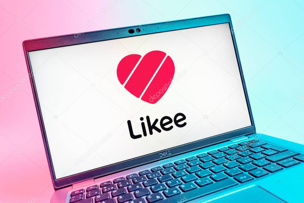 Prague, Czechia - 08 01 2025: A close-up view of a laptop screen displaying the Likee logo. Likee is a platform for creating and sharing short videos.