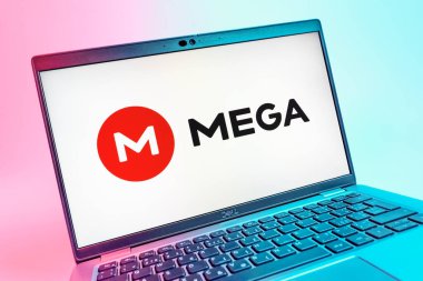 Prag, Çek Cumhuriyeti - 08 01 2025: Mega logosunu gösteren dizüstü bilgisayarın yakın görüntüsü. Mega şifreli dosya paylaşımı ile bulut depolama platformu.