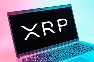 Prag, Çek Cumhuriyeti - 08 01 2025: Ripple logosunu gösteren dizüstü bilgisayarın yakın görüntüsü. Dalgalanma dijital kripto para birimi ve ödeme protokolüdür..