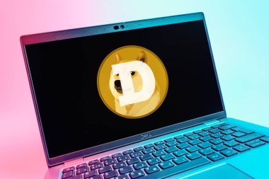 Prag, Çek Cumhuriyeti - 08 01 2025: Dogecoin logosunu gösteren dizüstü bilgisayarın yakın görüntüsü. Dogecoin, paylaşımcı işlemler için kullanılan bir şifreli para birimidir.
