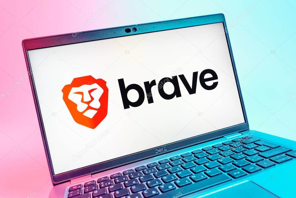 Prague, Czechia - 08 01 2025: A close-up view of a laptop screen displaying the Brave logo. Brave is a web browser focused on privacy and speed.