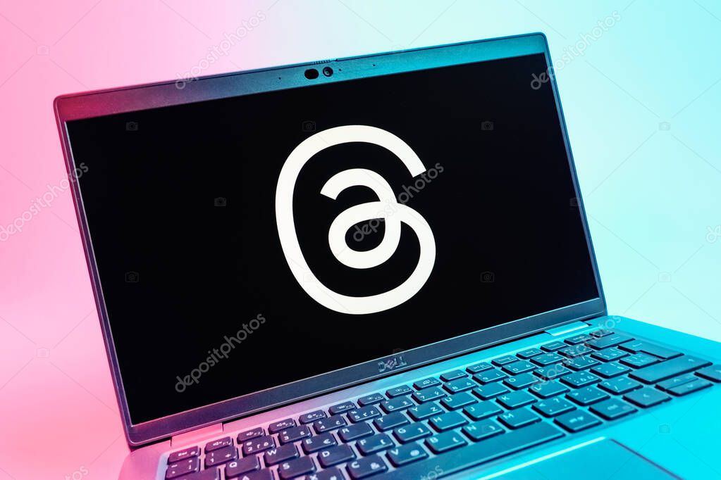Prague, Czechia - 08 01 2025: A close-up view of a laptop screen displaying the Threads logo. Threads is a social media platform for sharing short posts and updates.