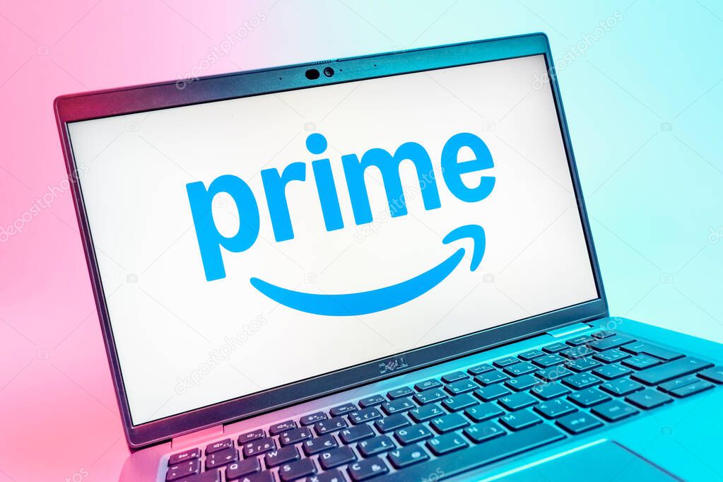 Prague, Czechia - 08 01 2025: A close-up view of a laptop screen displaying the Prime logo. Prime is a subscription service for shopping, streaming, and benefits.