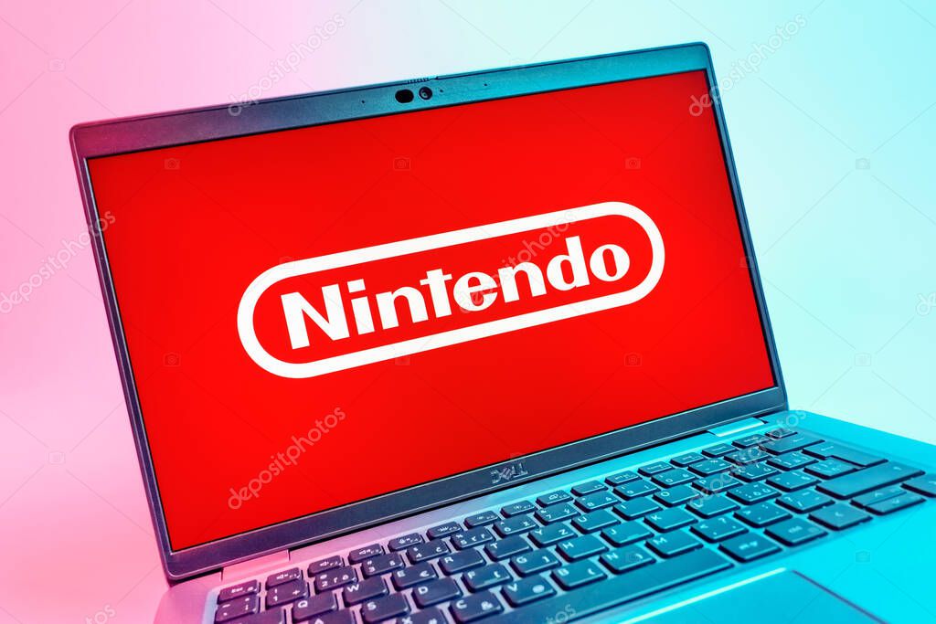 Prague, Czechia - 08 01 2025: A close-up view of a laptop screen displaying the Nintendo logo. Nintendo is a company producing video game consoles and games.