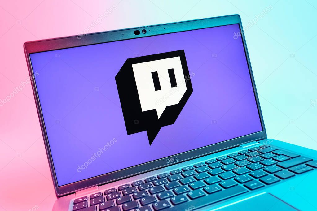 Prague, Czechia - 08 01 2025: A close-up view of a laptop screen displaying the Twitch logo. Twitch is a platform for live streaming games and content.