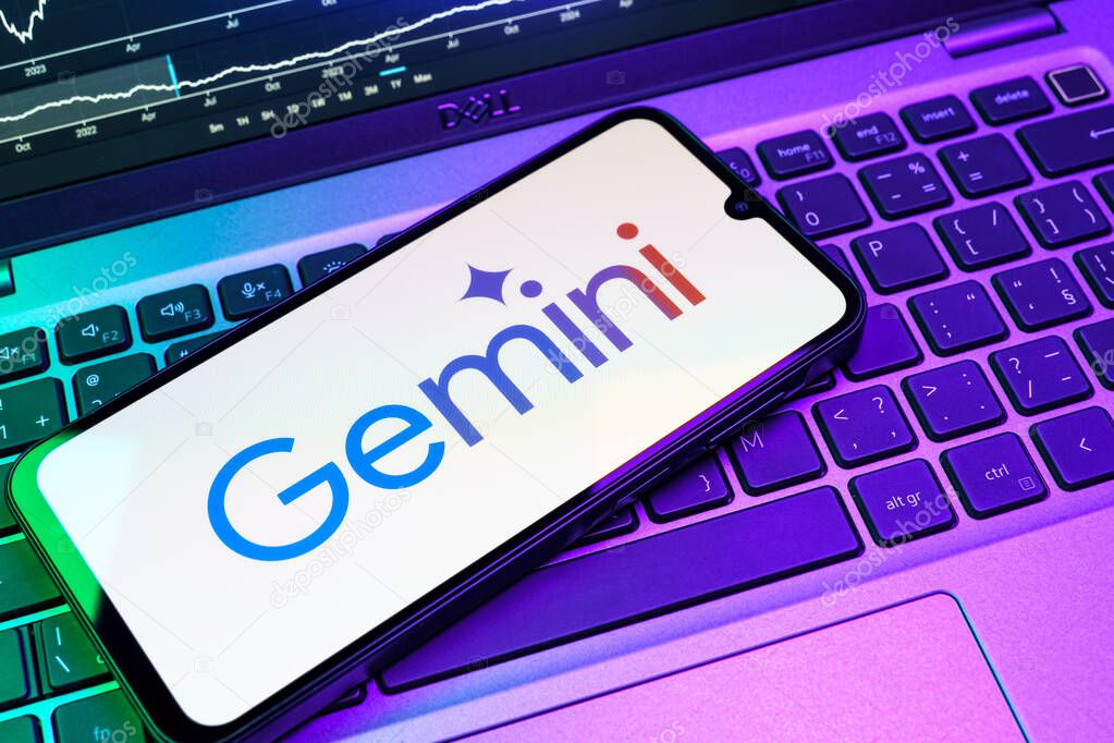 Prague, Czechia - 08 18 2025: A mobile phone on a keyboard displays Gemini logo. Gemini is a platform for cryptocurrency trading and management.