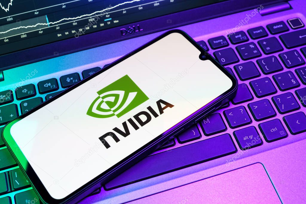 Prague, Czechia - 08 18 2025: A mobile phone on a keyboard displays NVIDIA logo. NVIDIA is a technology company specializing in GPUs and AI hardware.