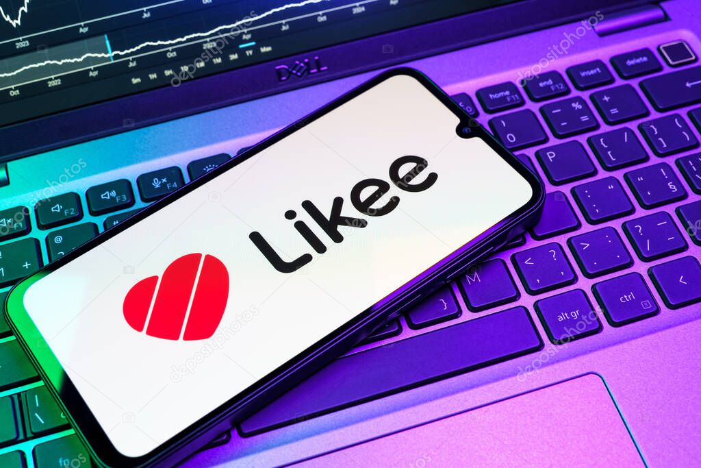 Prague, Czechia - 08 18 2025: A mobile phone on a keyboard displays Likee logo. Likee is a platform for creating and sharing short videos.