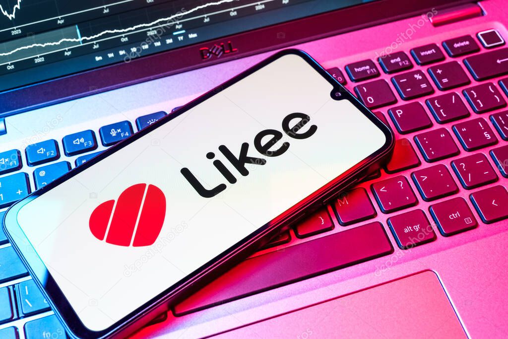 Prague, Czechia - 08 18 2025: A mobile phone on a keyboard displays Likee logo. Likee is a platform for creating and sharing short videos.