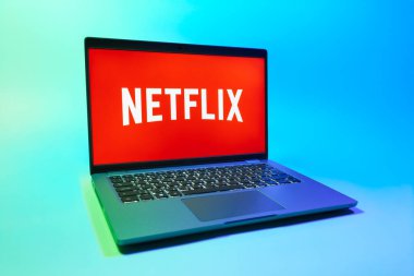Prag, Çek Cumhuriyeti - 08 01 2025: Tek tip arka planda bir dizüstü bilgisayar Netflix logosunu gösterir. Netflix sinema ve televizyon programları için bir yayın platformudur..