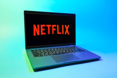 Prag, Çek Cumhuriyeti - 08 01 2025: Tek tip arka planda bir dizüstü bilgisayar Netflix logosunu gösterir. Netflix sinema ve televizyon programları için bir yayın platformudur..