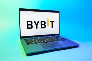 Prag, Çek Cumhuriyeti - 08 01 2025: Tek bir arkaplanda bir dizüstü bilgisayar Bybit logosunu gösterir. Bybit şifreli para ve türev ticareti için bir platformdur.