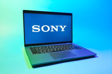 Prag, Çek Cumhuriyeti - 08 01 2025: Sony logosunu gösteren bir dizüstü bilgisayar. Sony elektronik, oyun ve eğlence üreten bir teknoloji şirketidir..