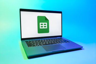 Prag, Çek Cumhuriyeti - 08 01 2025: Tek bir arkaplanda bir dizüstü bilgisayar Google Sheets logosunu gösterir. Google Sayfalar tablo oluşturmak ve yönetmek için bir platformdur.