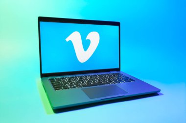 Prag, Çek Cumhuriyeti - 08 01 2025: Tek tip arka planda bir dizüstü bilgisayar Vimeo logosunu gösterir. Vimeo, yüksek kaliteli video sunucu ve paylaşımı için bir platformdur.