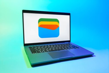 Prag, Çek Cumhuriyeti - 08 01 2025: Tek tip arka planda bir dizüstü bilgisayar Google Cüzdan logosunu gösterir. Google Cüzdanı dijital ödeme yöntemlerini depolamak ve kullanmak için bir platformdur.