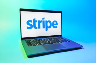 Prag, Çek Cumhuriyeti - 08 01 2025: Tek tip arka planda bir dizüstü bilgisayar Stripe logosunu gösterir. Stripe çevrimiçi ödeme işlemleri ve işlemleri için bir platformdur.