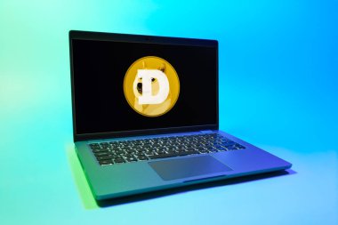 Prag, Çek Cumhuriyeti - 08 01 2025: Tek bir arkaplanda bir dizüstü bilgisayar Dogecoin logosunu gösteriyor. Dogecoin, paylaşımcı işlemler için kullanılan bir şifreli para birimidir.