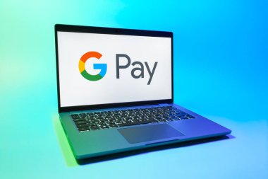 Prag, Çek Cumhuriyeti - 08 01 2025: Google Pay logosunu gösteren bir dizüstü bilgisayar. Google Pay kolay ve güvenli dijital ödemeler için bir platformdur.