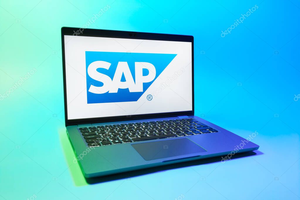 Prague, Czechia - 08 01 2025: A laptop on a uniform background displays the SAP logo. SAP is a software company providing enterprise applications and solutions.