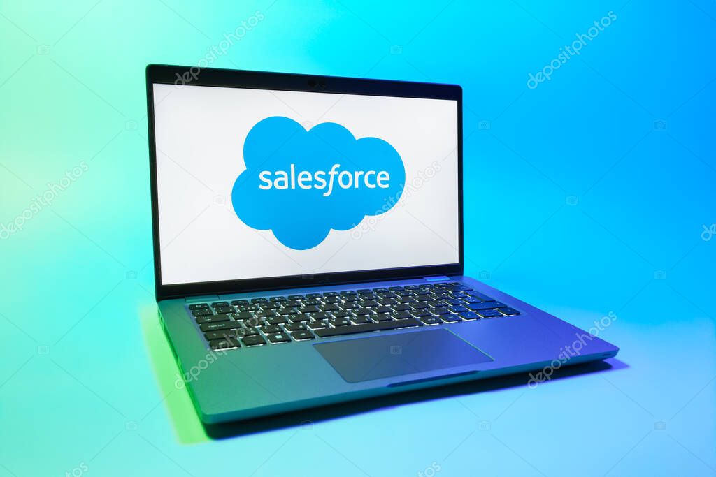 Prague, Czechia - 08 01 2025: A laptop on a uniform background displays the Salesforce logo. Salesforce is a platform for customer relationship management and cloud services.