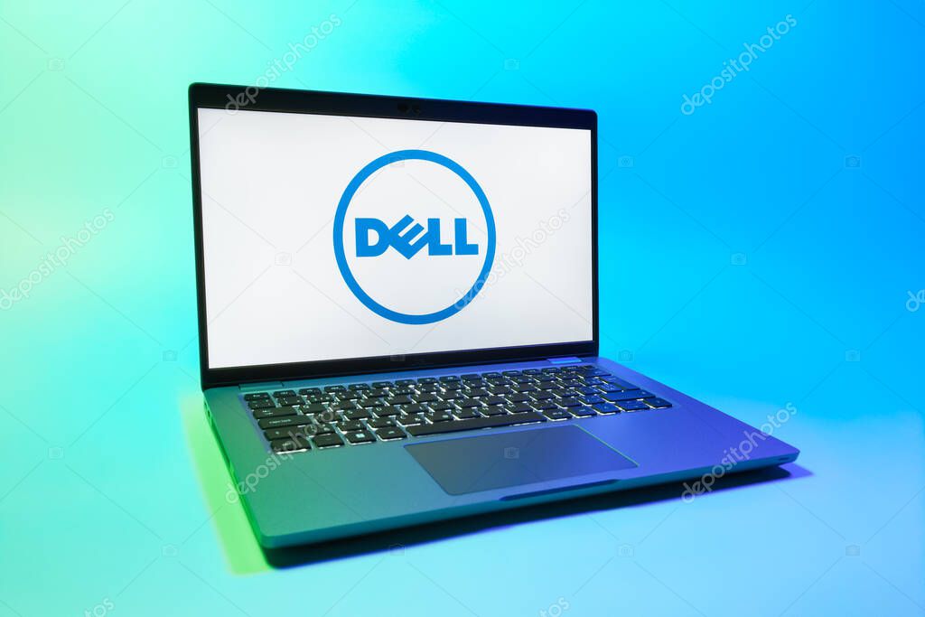 Prague, Czechia - 08 01 2025: A laptop on a uniform background displays the Dell logo. Dell is a technology company producing computers and IT solutions.