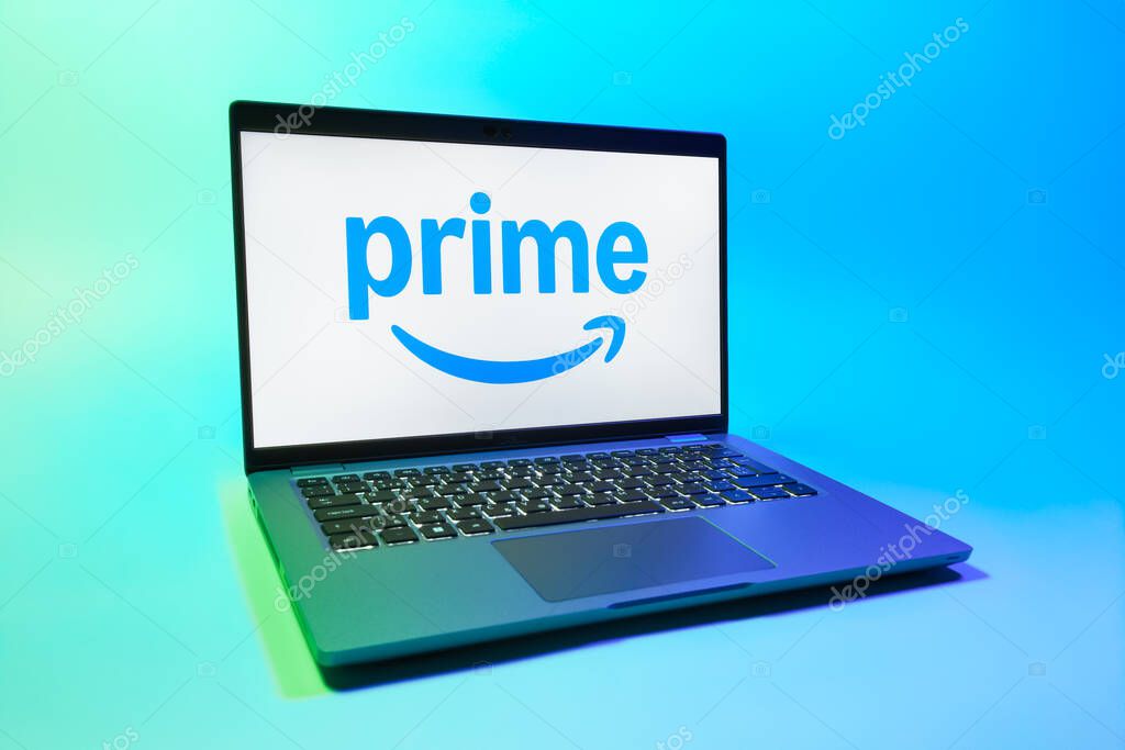Prague, Czechia - 08 01 2025: A laptop on a uniform background displays the Prime logo. Prime is a subscription service for shopping, streaming, and benefits.