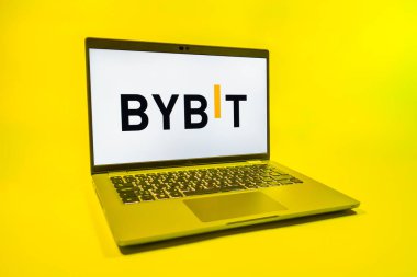 Prag, Çek Cumhuriyeti - 08 01 2025: Tek bir arkaplanda bir dizüstü bilgisayar Bybit logosunu gösterir. Bybit şifreli para ve türev ticareti için bir platformdur.