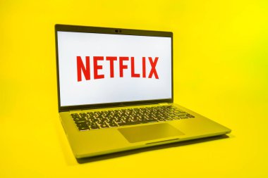 Prag, Çek Cumhuriyeti - 08 01 2025: Tek tip arka planda bir dizüstü bilgisayar Netflix logosunu gösterir. Netflix sinema ve televizyon programları için bir yayın platformudur..