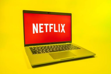 Prag, Çek Cumhuriyeti - 08 01 2025: Tek tip arka planda bir dizüstü bilgisayar Netflix logosunu gösterir. Netflix sinema ve televizyon programları için bir yayın platformudur..