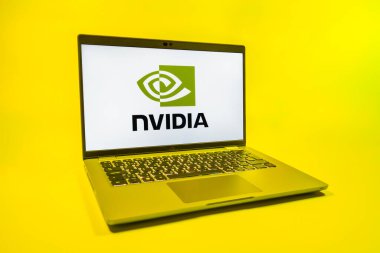 Prag, Çek Cumhuriyeti - 08 01 2025: NVIDIA logosunu gösteren bir dizüstü bilgisayar. NVIDIA, GPU ve yapay zeka donanımı alanında uzmanlaşmış bir teknoloji şirketidir..