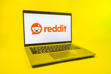 Prag, Çek Cumhuriyeti - 08 01 2025: Tek tip arkaplanda bir dizüstü bilgisayar Reddit logosunu gösterir. Reddit tartışma, haber ve toplum içeriği için bir platformdur.