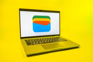 Prag, Çek Cumhuriyeti - 08 01 2025: Tek tip arka planda bir dizüstü bilgisayar Google Cüzdan logosunu gösterir. Google Cüzdanı dijital ödeme yöntemlerini depolamak ve kullanmak için bir platformdur.