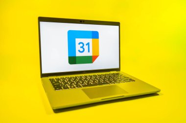 Prag, Çek Cumhuriyeti - 08 01 2025: Tek bir arkaplanda bir dizüstü bilgisayar Google Takvim logosunu gösterir. Google Takvimi olayları zamanlamak ve yönetmek için bir platformdur.