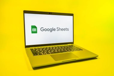 Prag, Çek Cumhuriyeti - 08 01 2025: Tek bir arkaplanda bir dizüstü bilgisayar Google Sheets logosunu gösterir. Google Sayfalar tablo oluşturmak ve yönetmek için bir platformdur.