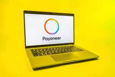 Prag, Çek Cumhuriyeti - 08 01 2025: Tek tip arkaplanda bir dizüstü bilgisayar Payonez logosunu gösterir. Paeveryone, küresel online ödemeler ve para transferleri için bir platformdur.