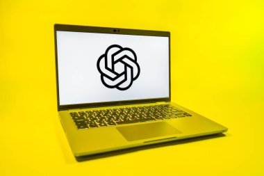 Prag, Çek Cumhuriyeti - 08 01 2025: Tek bir arkaplanda bir dizüstü bilgisayar OpenAI logosunu gösterir. OpenAI, yapay zeka modelleri ve uygulamaları geliştiren bir platformdur..