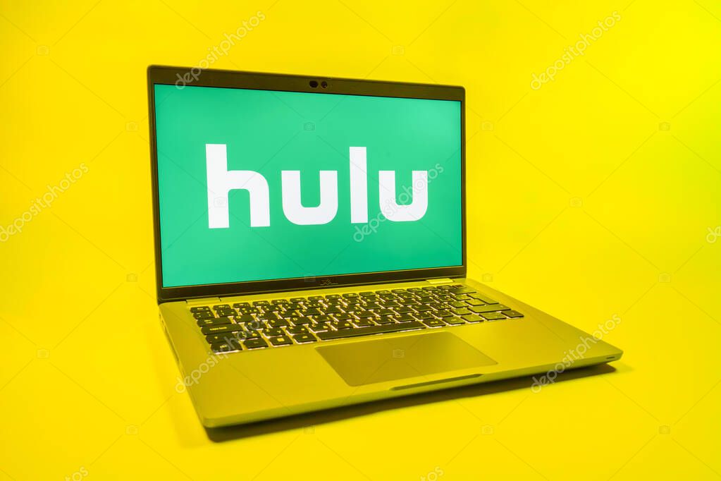Prague, Czechia - 08 01 2025: A laptop on a uniform background displays the Hulu logo. Hulu is a streaming platform for TV shows, movies, and live TV.