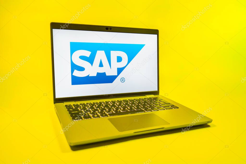 Prague, Czechia - 08 01 2025: A laptop on a uniform background displays the SAP logo. SAP is a software company providing enterprise applications and solutions.