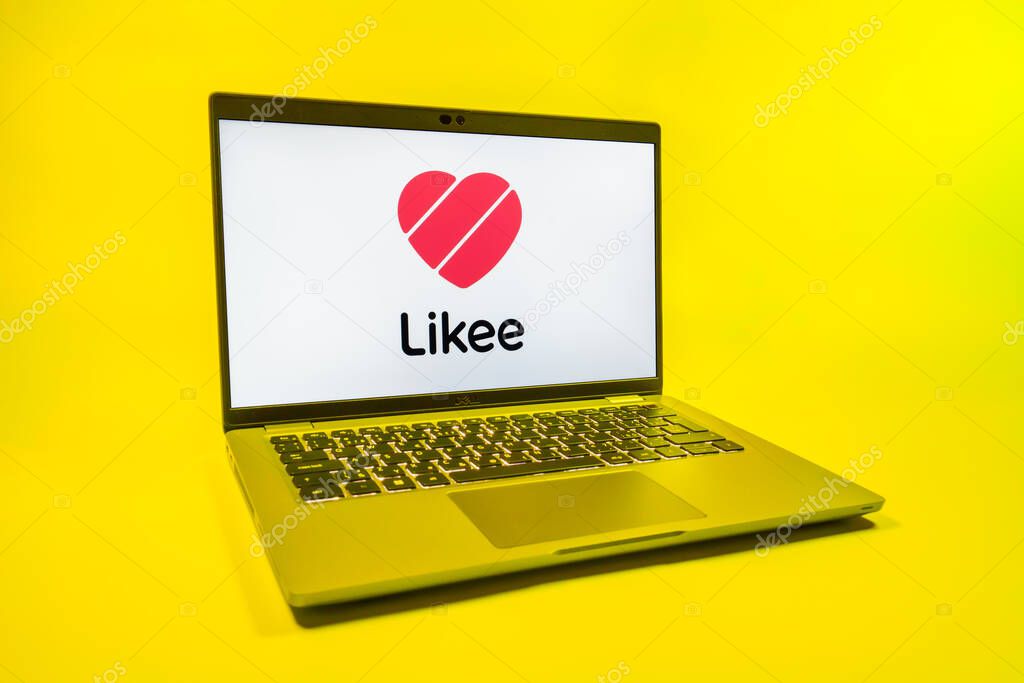Prague, Czechia - 08 01 2025: A laptop on a uniform background displays the Likee logo. Likee is a platform for creating and sharing short videos.