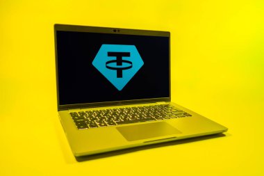 Prag, Çek Cumhuriyeti - 08 01 2025: Unither logosunu gösteren bir dizüstü bilgisayar. Bağlayıcı, ABD dolarına bağlı dijital bir kripto para birimi..