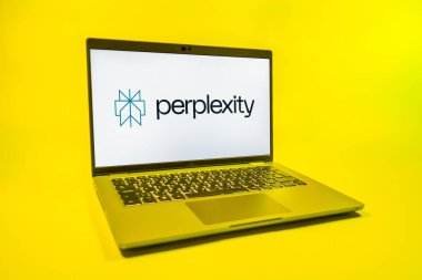 Prag, Çek Cumhuriyeti - 08 01 2025: Tek tip arka planda bir dizüstü bilgisayar Perplexity logosunu gösterir. Karışıklık yapay zeka destekli bir arama ve soru cevaplama platformudur.