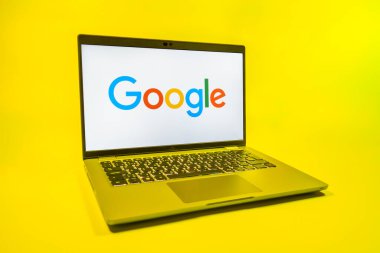 Prag, Çek Cumhuriyeti - 08 01 2025: Tek bir arkaplanda bir dizüstü bilgisayar Google logosunu gösterir. Google bilgi için bir arama motoru ve teknoloji platformudur.