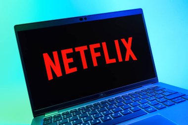 Prag, Çek Cumhuriyeti - 08 01 2025: Netflix logosunu gösteren dizüstü bilgisayarın yakın görüntüsü. Netflix sinema ve televizyon programları için bir yayın platformudur..