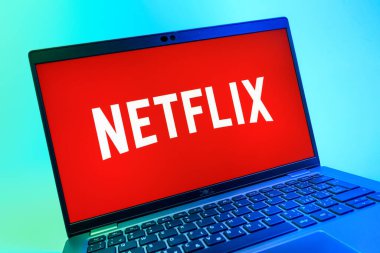 Prag, Çek Cumhuriyeti - 08 01 2025: Netflix logosunu gösteren dizüstü bilgisayarın yakın görüntüsü. Netflix sinema ve televizyon programları için bir yayın platformudur..