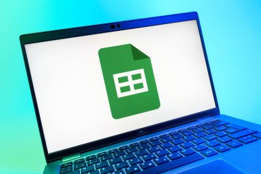 Prag, Çek Cumhuriyeti - 08 01 2025: Google Sheets logosunu gösteren dizüstü bilgisayarın yakın görüntüsü. Google Sayfalar tablo oluşturmak ve yönetmek için bir platformdur.